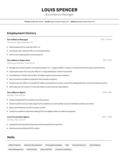 Surveillance Manager Resume
