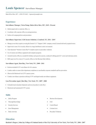 Surveillance Manager Resume