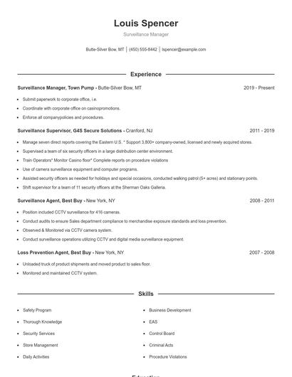 Surveillance Manager Resume