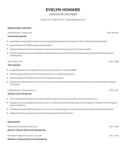 Sustaining Engineer Resume