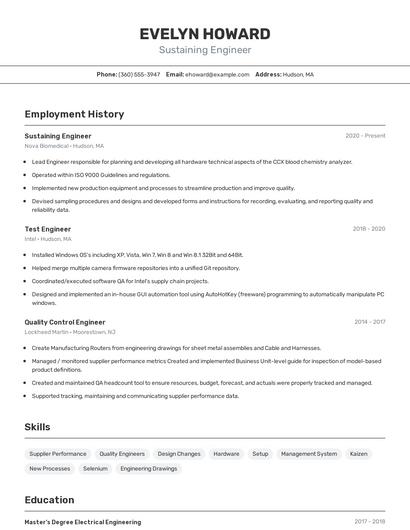 Sustaining Engineer Resume