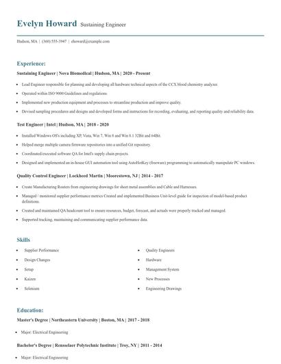 Sustaining Engineer Resume