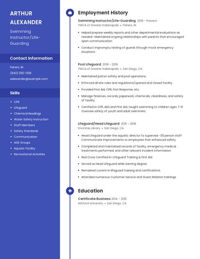 Swimming Instructor/Life-Guarding Resume