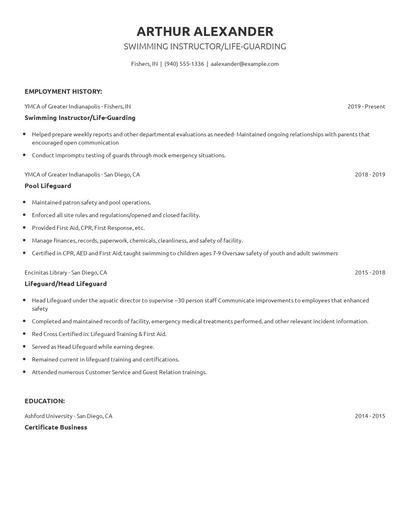 Swimming Instructor/Life-Guarding Resume