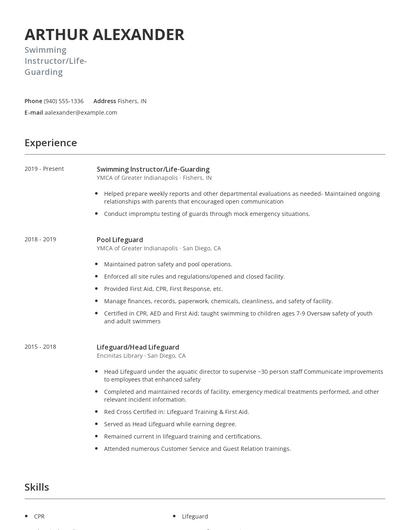 Swimming Instructor/Life-Guarding Resume