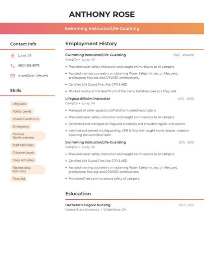 Swimming Instructor/Life-Guarding Resume