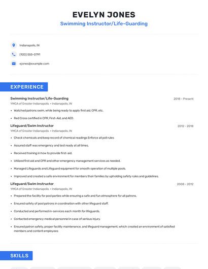 Swimming Instructor/Life-Guarding Resume