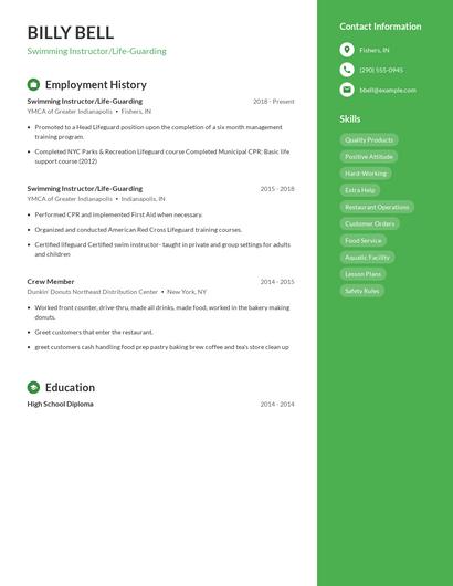 Swimming Instructor/Life-Guarding Resume