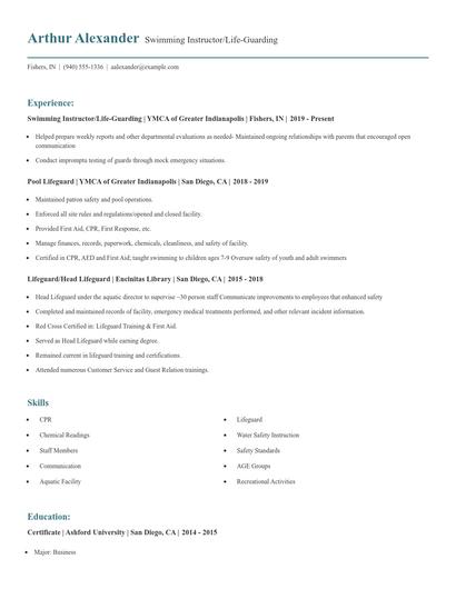 Swimming Instructor/Life-Guarding Resume