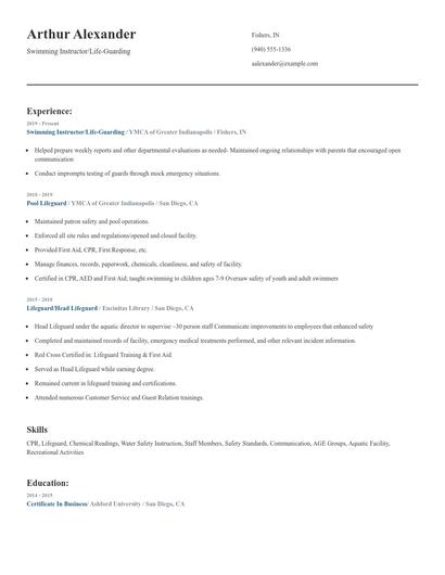 Swimming Instructor/Life-Guarding Resume