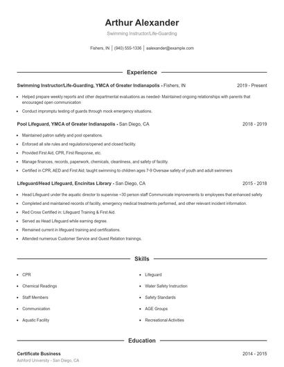 Swimming Instructor/Life-Guarding Resume