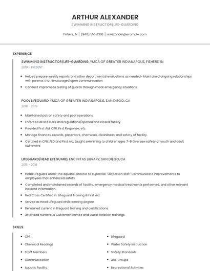 Swimming Instructor/Life-Guarding Resume