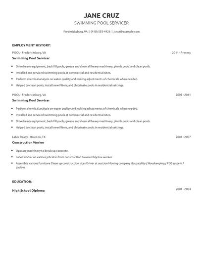 Swimming Pool Servicer Resume