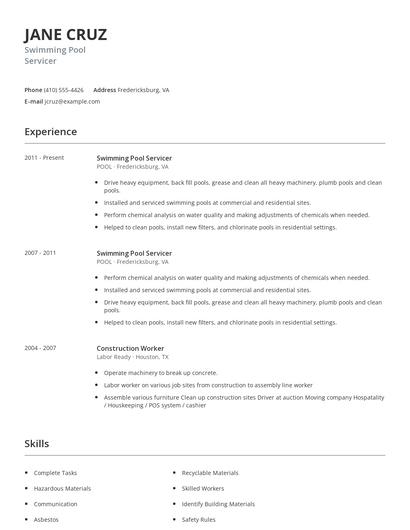 Swimming Pool Servicer Resume