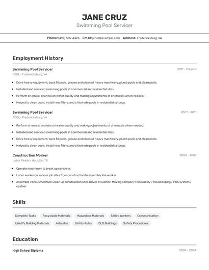 Swimming Pool Servicer Resume