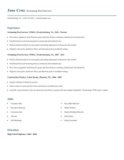 Swimming Pool Servicer Resume