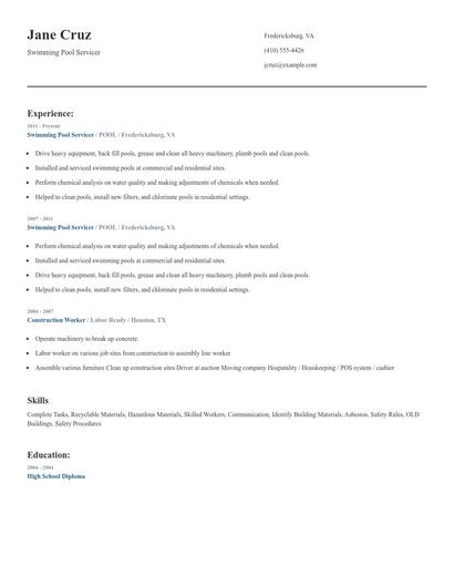 Swimming Pool Servicer Resume