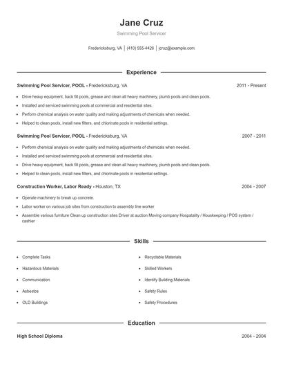 Swimming Pool Servicer Resume