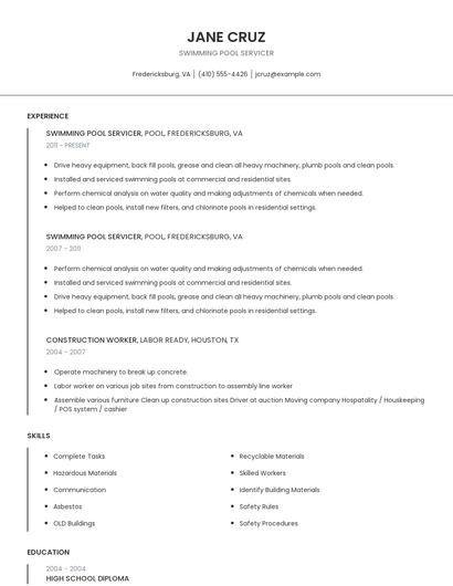 Swimming Pool Servicer Resume