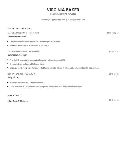 Swimming Teacher Resume