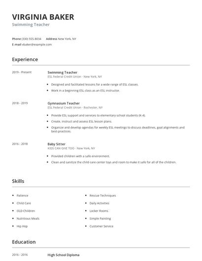 Swimming Teacher Resume