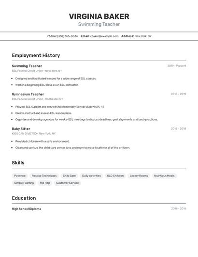 Swimming Teacher Resume