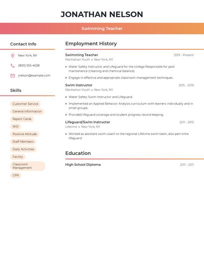 Swimming Teacher Resume