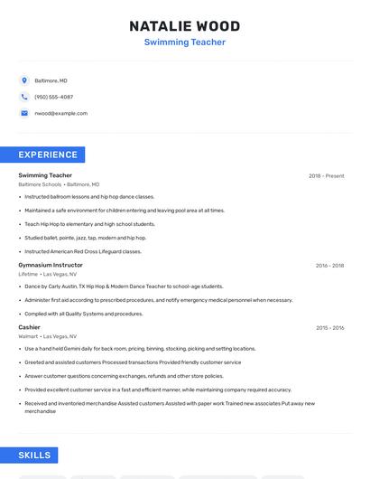 Swimming Teacher Resume