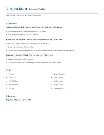 Swimming Teacher Resume
