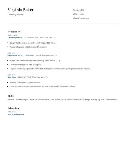 Swimming Teacher Resume