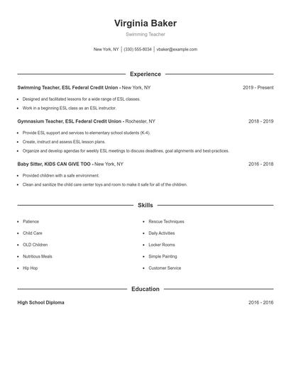 Swimming Teacher Resume