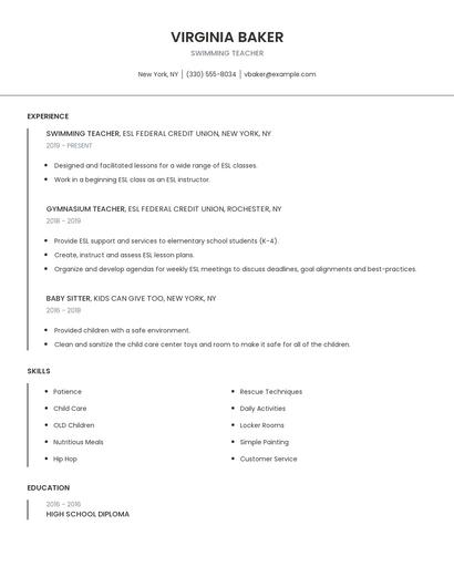 Swimming Teacher Resume