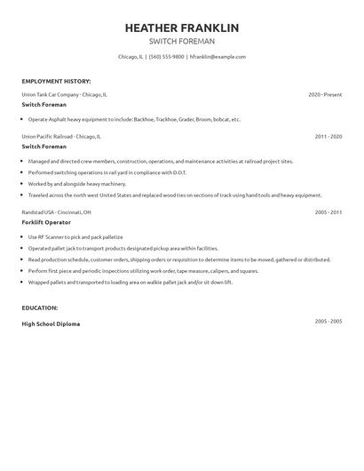 Switch Foreman Resume