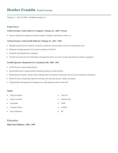 Switch Foreman Resume