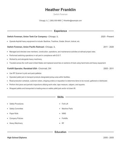 Switch Foreman Resume