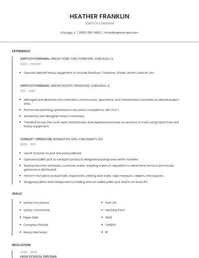 Switch Foreman Resume