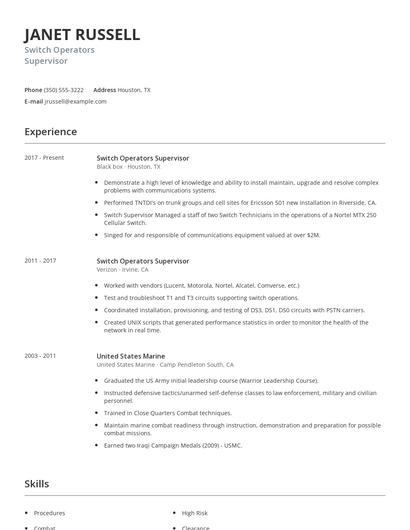 Switch Operators Supervisor Resume