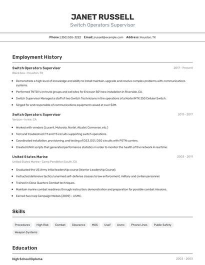 Switch Operators Supervisor Resume