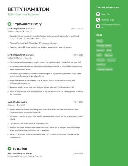 Switch Operators Supervisor Resume