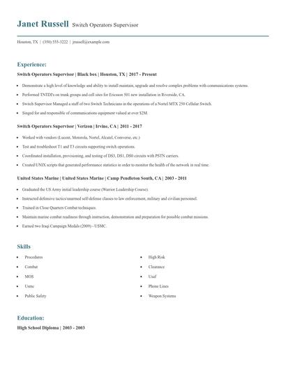 Switch Operators Supervisor Resume