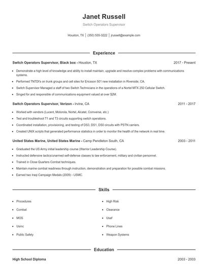 Switch Operators Supervisor Resume