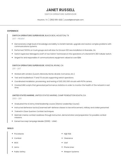 Switch Operators Supervisor Resume