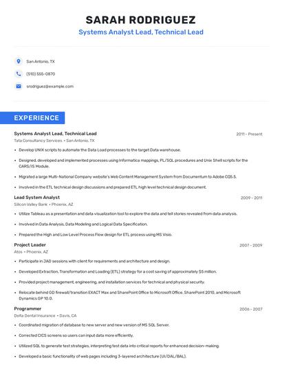 Systems Analyst Lead, Technical Lead Resume