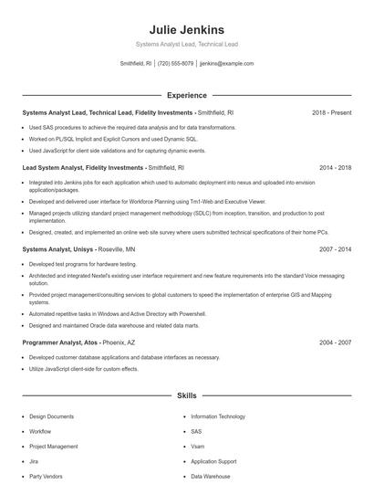 Systems Analyst Lead, Technical Lead Resume