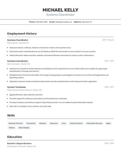 Systems Coordinator Resume