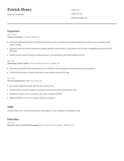 Systems Coordinator Resume