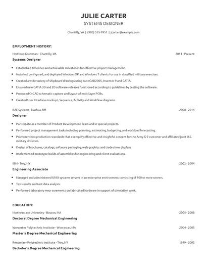 Systems Designer Resume