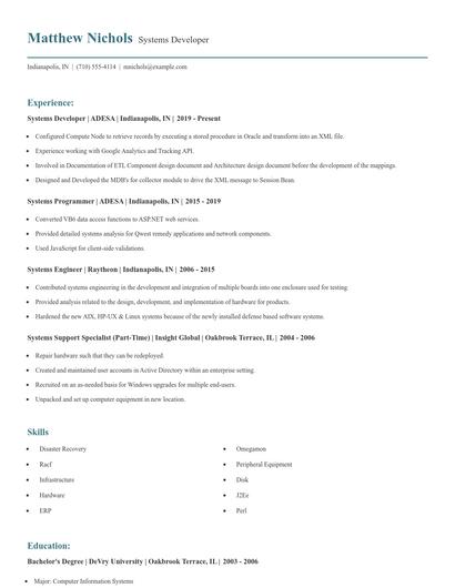 Systems Developer Resume