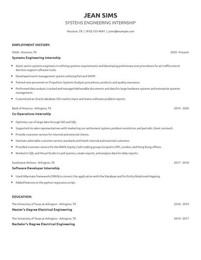 Systems Engineering Internship Resume