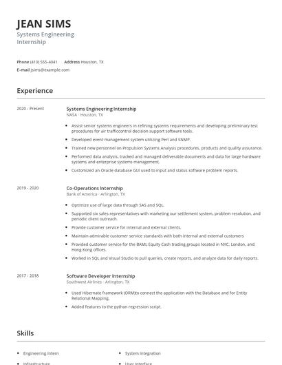 Systems Engineering Internship Resume